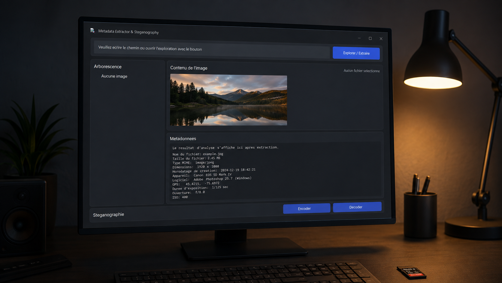 Metadata Extractor affiché sur un écran avec ses résultats d’analyse