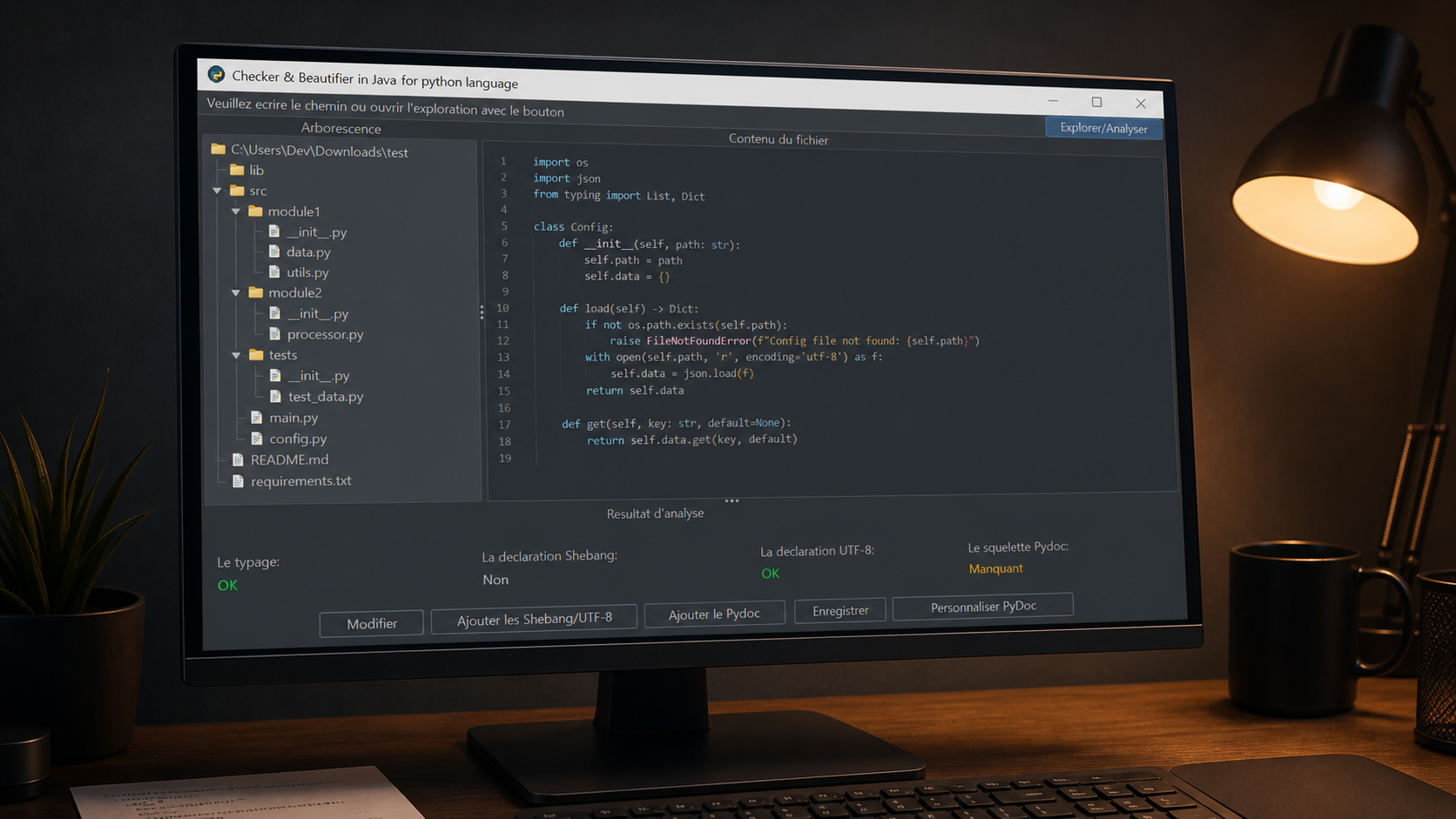 Python Code Checker affiché sur un écran dans un environnement de travail